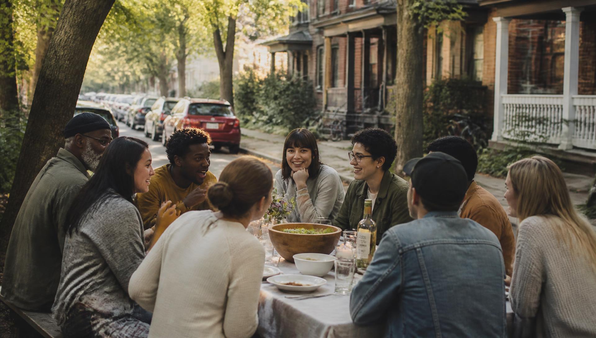 Neighbors gathered at a long table on a tree-lined street